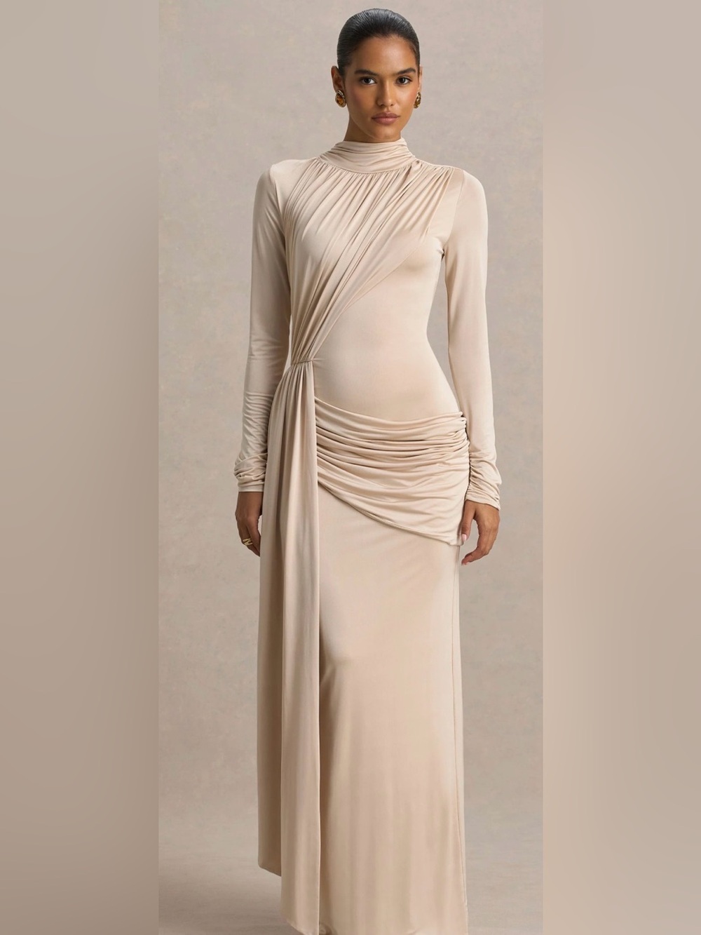 Elegant Long-Sleeve Ruched Beige Maxi Dress